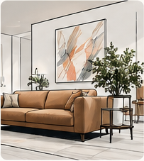 Warm living room illustration with an orange sofa