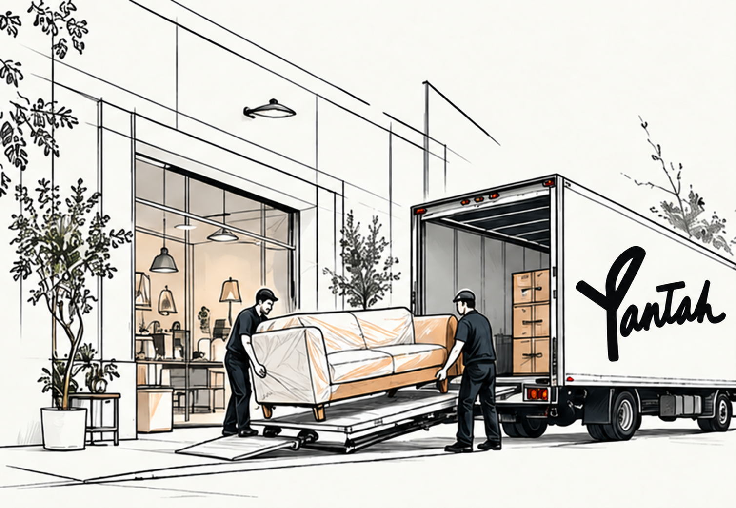 Architectural sketch of a furniture showroom and delivery truck with a sofa being carefully loaded