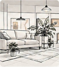 Hand-drawn showroom with sofa, plants, and pendant lights