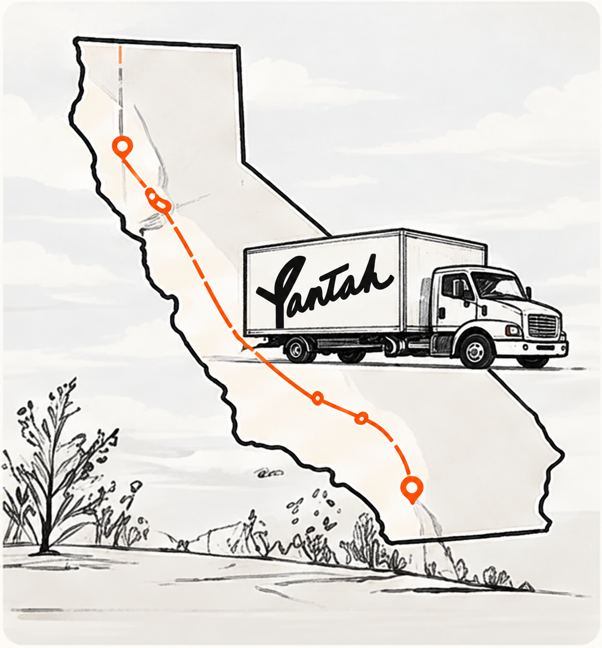 Illustrated California transport route and Yantah truck
